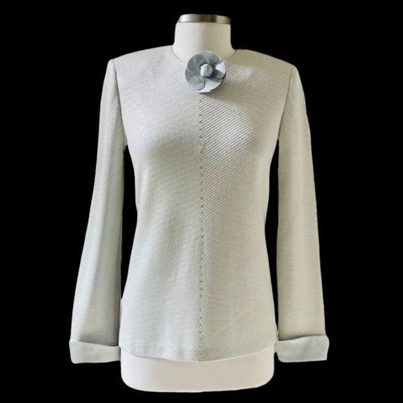 St. John Tops - St. John Light Blue Crystal and Paillette Long Sleeve French Cuff Knit Top